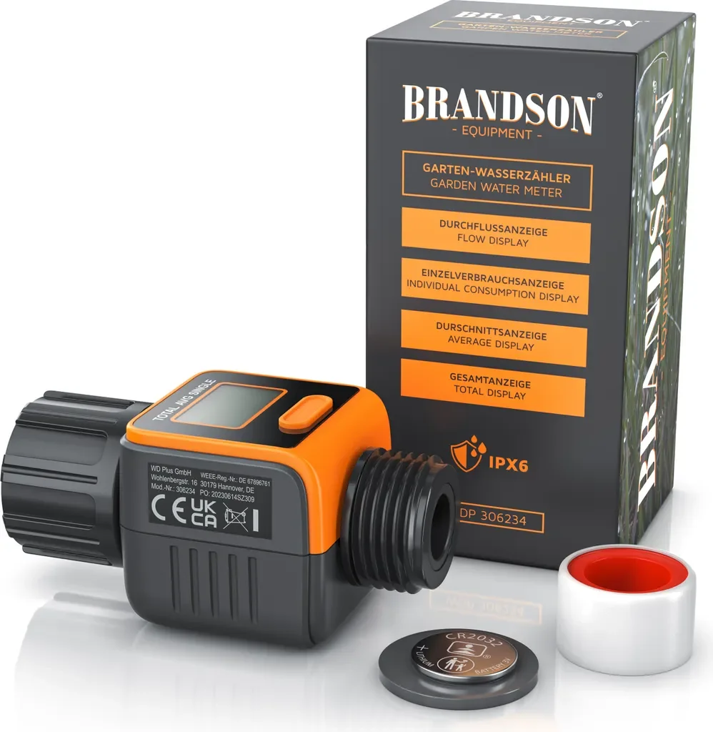 Brandson Digitaler Wasserzähler Durchflussmesser Garten IPX6 4 Modi