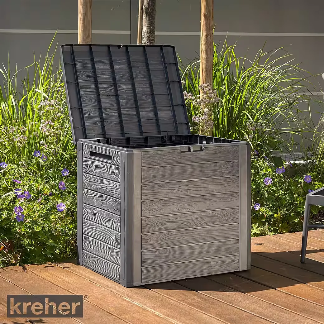 KREHER Kissenbox WOOD 140L Garten Aufbewahrungsbox Holzoptik anthrazit