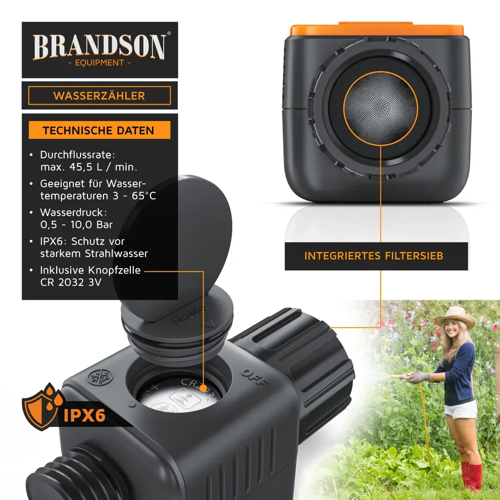 Brandson Digitaler Wasserzähler Durchflussmesser Garten IPX6 4 Modi