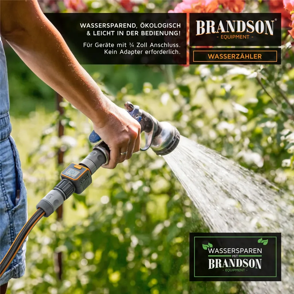 Brandson Digitaler Wasserzähler Durchflussmesser Garten IPX6 4 Modi