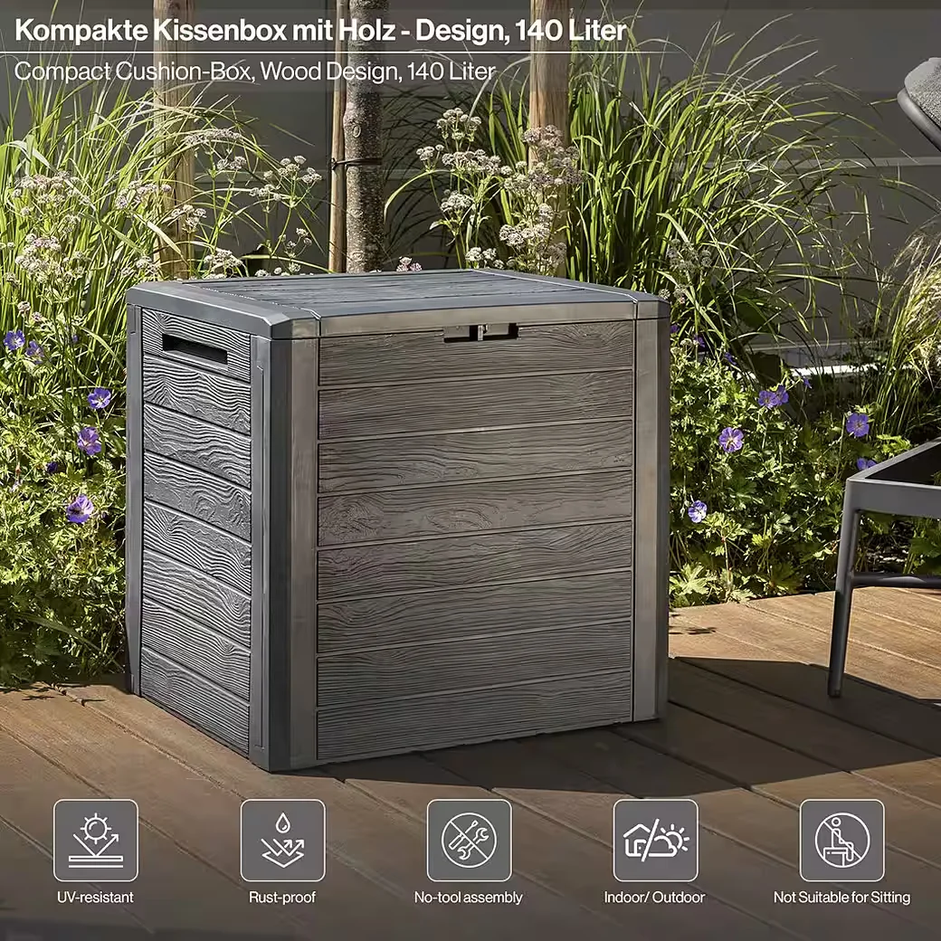 KREHER Kissenbox WOOD 140L Garten Aufbewahrungsbox Holzoptik anthrazit