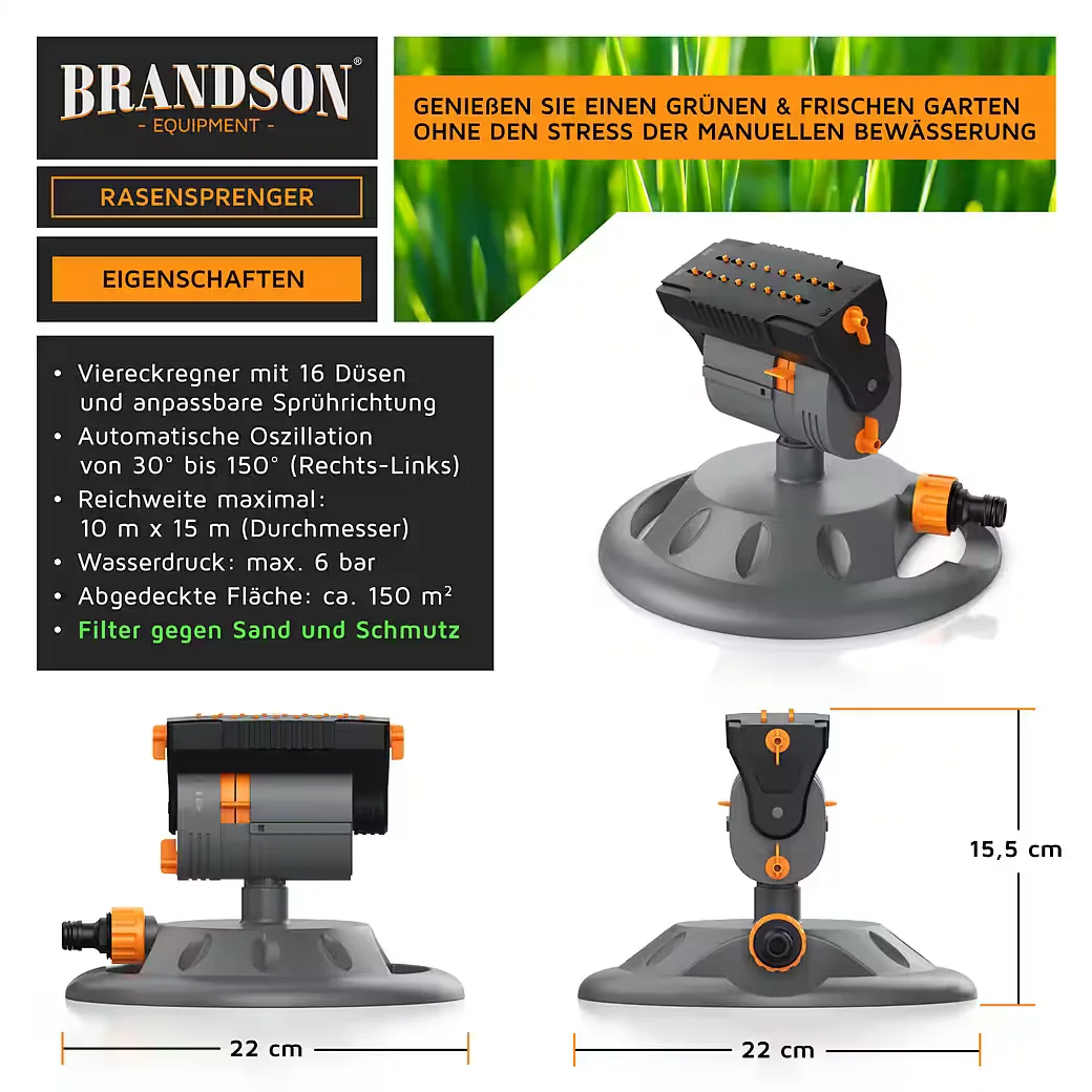 Brandson Viereckregner Garten Rasensprenger Oszillationsregner 150 m²