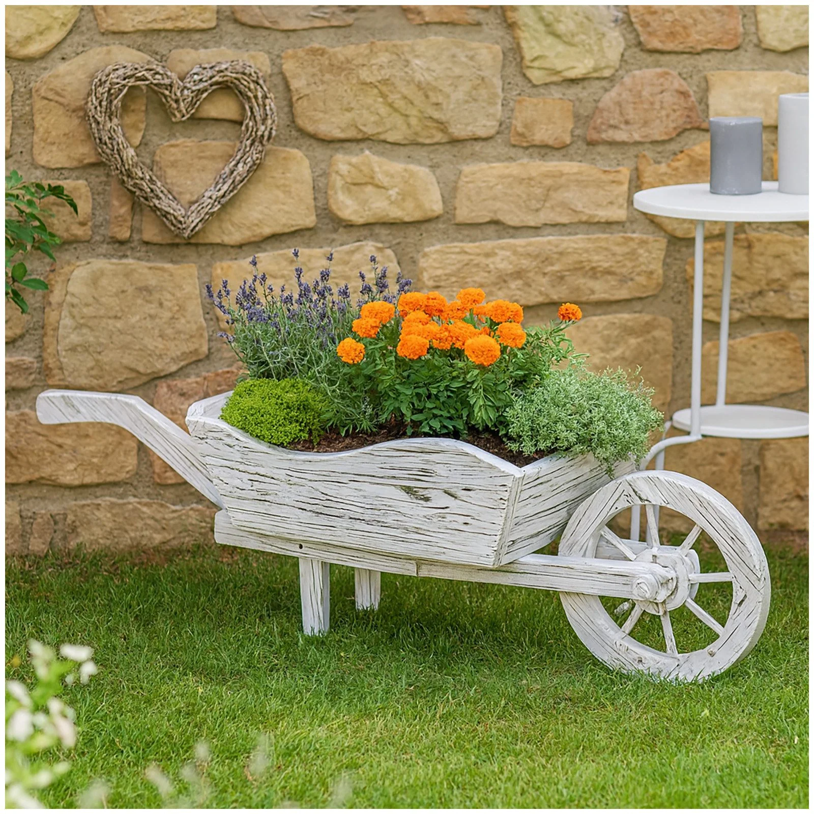 HTI-Living Deko Gartenfigur Holzschubkarre Weiß rustikal Sommerset