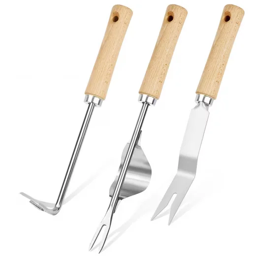 FOUORTUNATE-BEE Unkrautstecher Set 3 Stück Edelstahl Holzgriff Garten