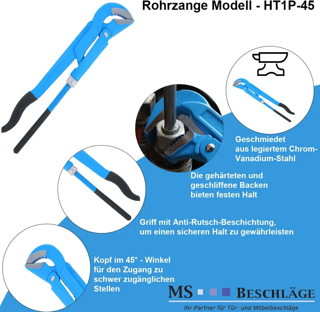 Högert Technik Rohrzange verstellbar 45 Grad 430 mm 1,5 Zoll CrV