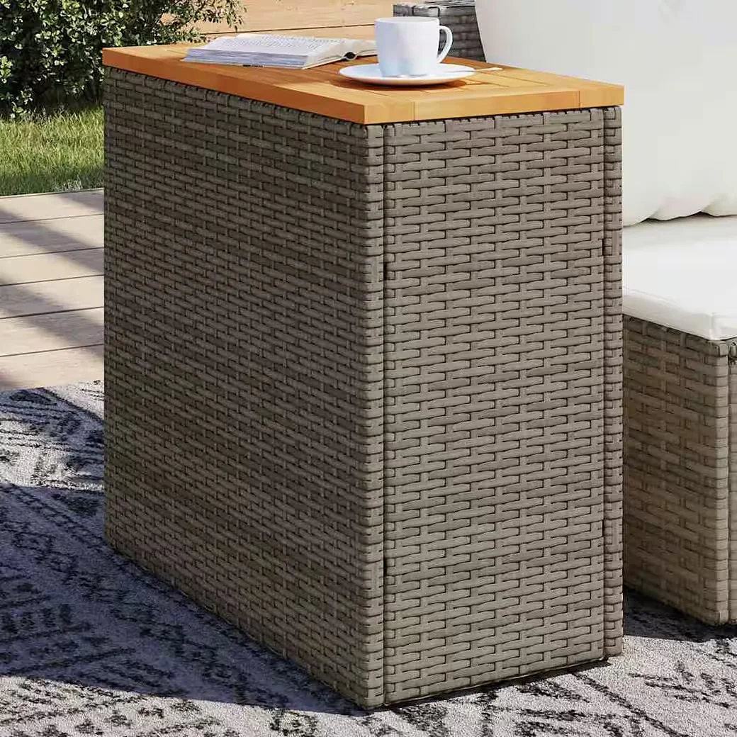 vidaXL Gartentisch Beistelltisch Rattan grau Holzplatte 58x27,5x55 cm